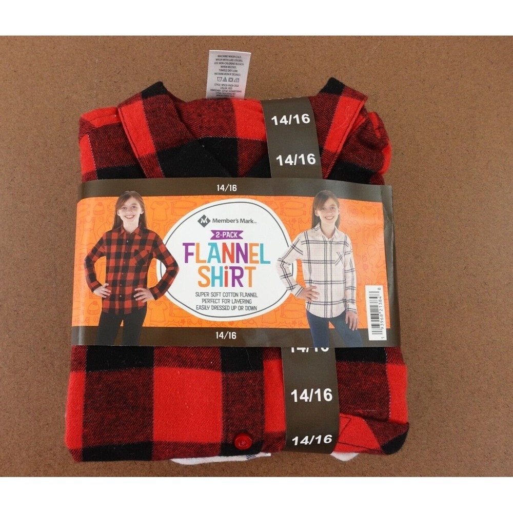 Members Mark Girls 14/16 Colorful Plaid Flannel 2 Pack Long Sleeve Shirts NWT